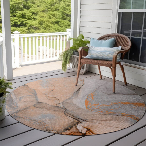 8' Round Orange Round Abstract Washable Non Skid Indoor Outdoor Area Rug