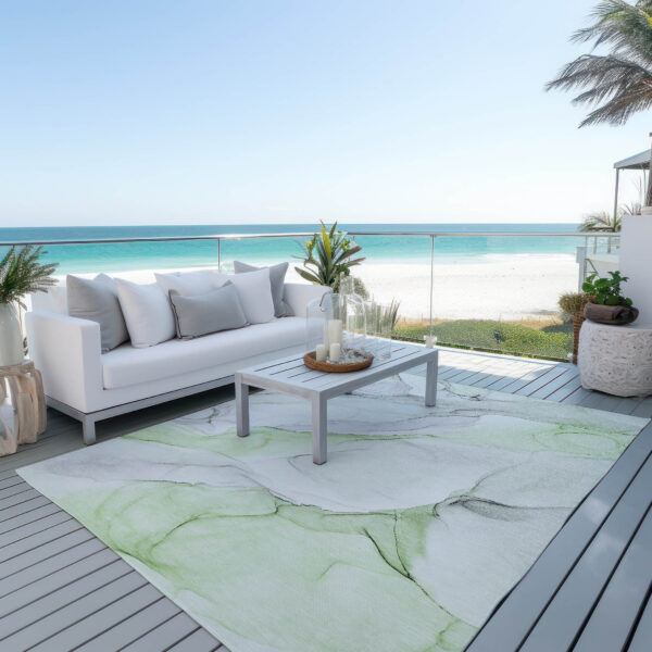9' X 12' Green Abstract Washable Non Skid Indoor Outdoor Area Rug