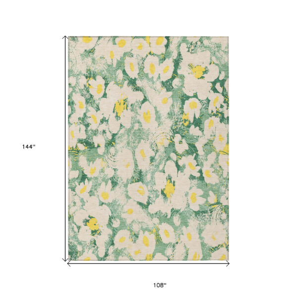 9' X 12' Green Floral Washable Non Skid Indoor Outdoor Area Rug