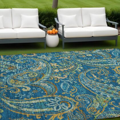 9' X 12' Navy Blue Paisley Washable Non Skid Indoor Outdoor Area Rug