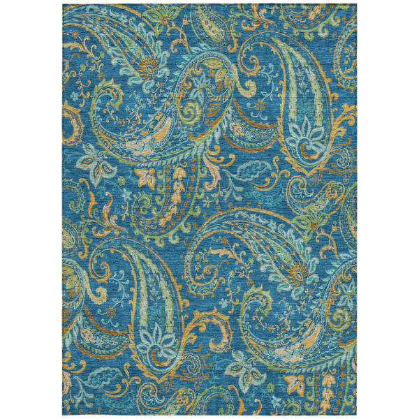 9' X 12' Navy Blue Paisley Washable Non Skid Indoor Outdoor Area Rug