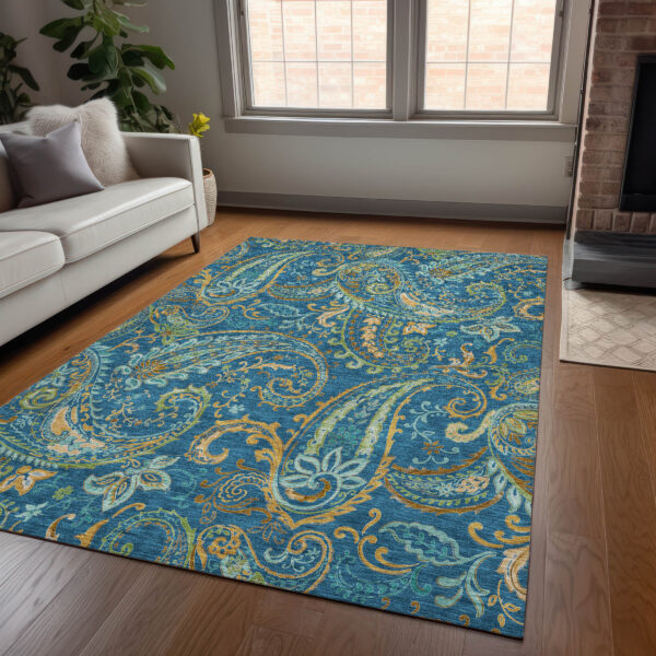 9' X 12' Navy Blue Paisley Washable Non Skid Indoor Outdoor Area Rug