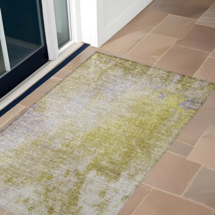 3' X 5' Gold Beige and Purple Abstract Washable Non Skid Indoor Outdoor Area Rug