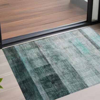 3' X 5' Teal Ombre Washable Non Skid Indoor Outdoor Area Rug