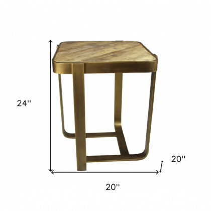 24" Brass And Brown Solid Wood And Iron Square End Table