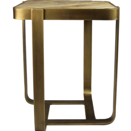 24" Brass And Brown Solid Wood And Iron Square End Table