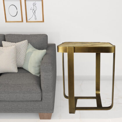 24" Brass And Brown Solid Wood And Iron Square End Table