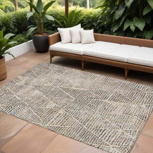 8' X 10' Beige Ivory And Black Geometric Washable Indoor Outdoor Area Rug