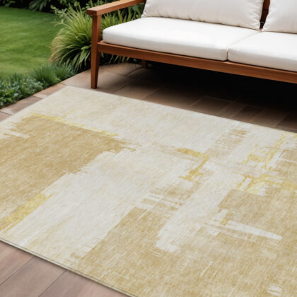 9' X 12' Beige Gold And Tan Abstract Washable Indoor Outdoor Area Rug