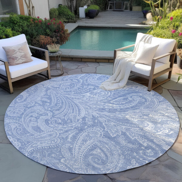 8' Denim Blue Sky Blue And Ivory Round Paisley Washable Indoor Outdoor Area Rug
