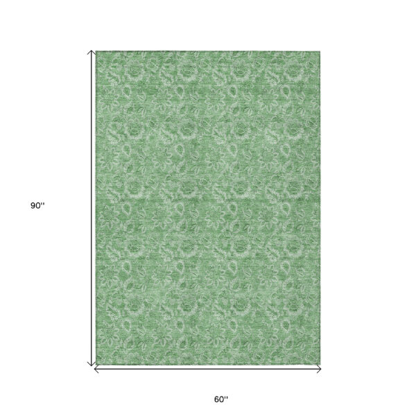 5' X 8' Green And Artichoke Green Floral Washable Indoor Outdoor Area Rug