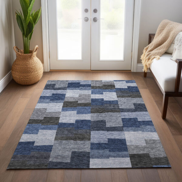 5' X 8' Navy Blue And Sky Blue Geometric Washable Indoor Outdoor Area Rug