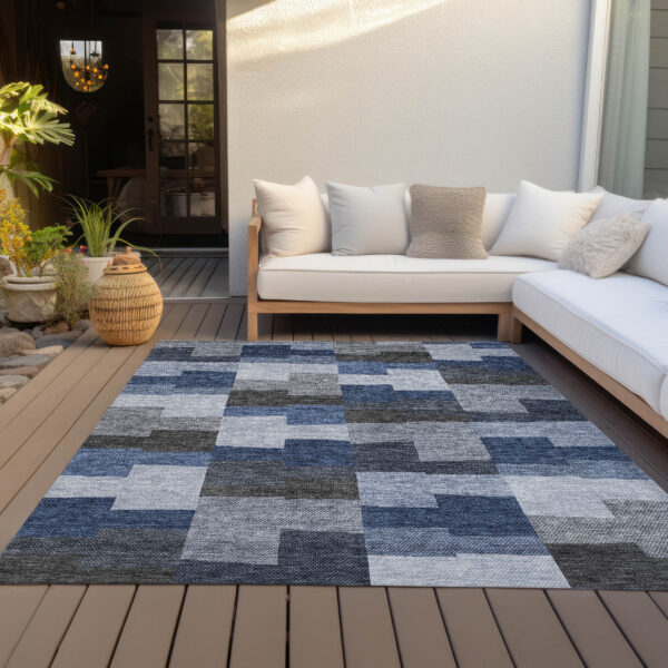 5' X 8' Navy Blue And Sky Blue Geometric Washable Indoor Outdoor Area Rug