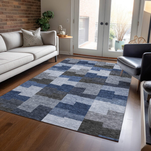 5' X 8' Navy Blue And Sky Blue Geometric Washable Indoor Outdoor Area Rug