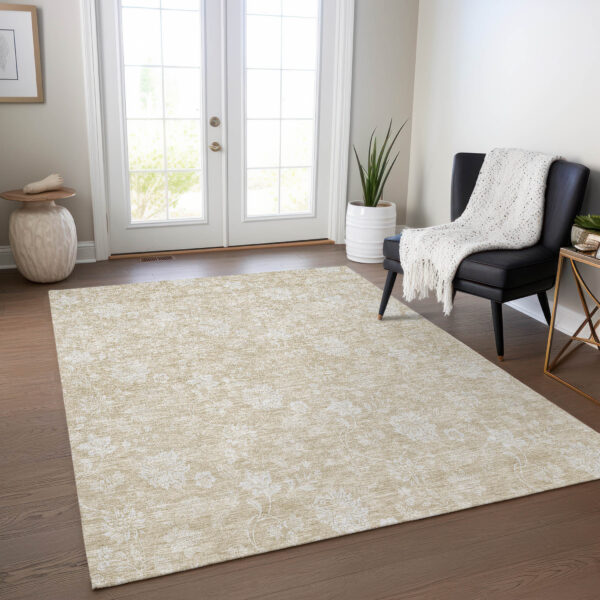 9' X 12' Beige Tan And Ivory Floral Washable Indoor Outdoor Area Rug