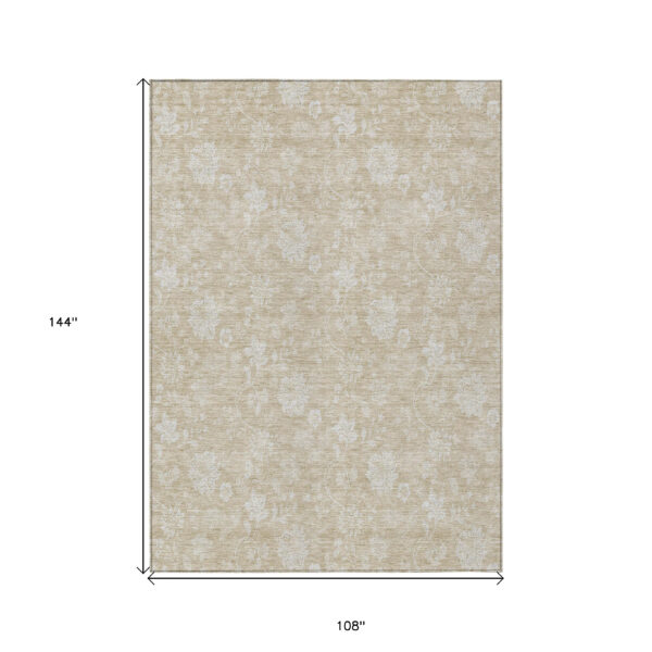 9' X 12' Beige Tan And Ivory Floral Washable Indoor Outdoor Area Rug