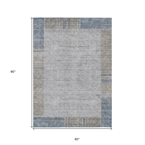 5' X 8' Taupe Beige And Blue Geometric Washable Indoor Outdoor Area Rug