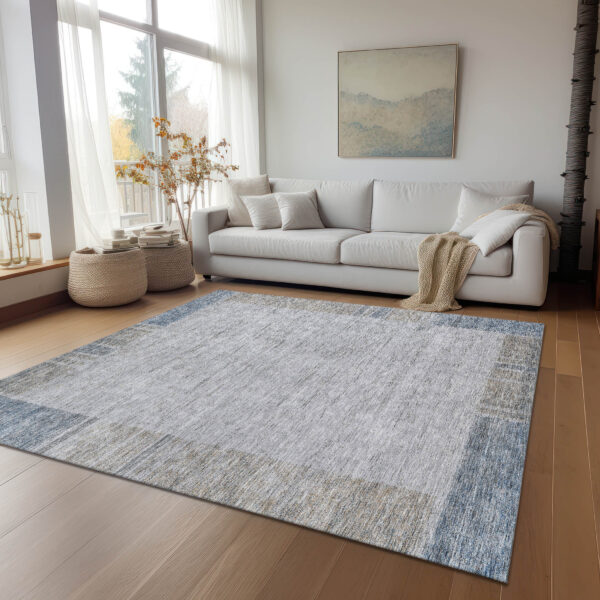5' X 8' Taupe Beige And Blue Geometric Washable Indoor Outdoor Area Rug