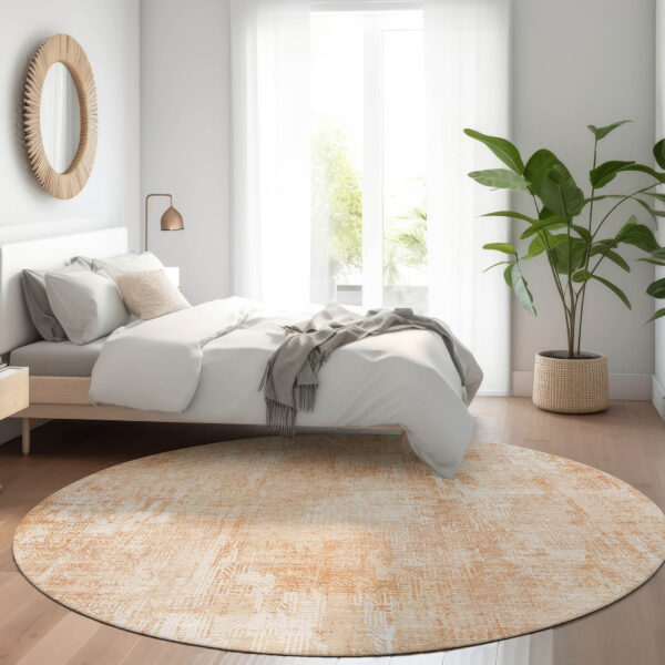 8' Coral Peach And Ivory Round Abstract Washable Indoor Outdoor Area Rug