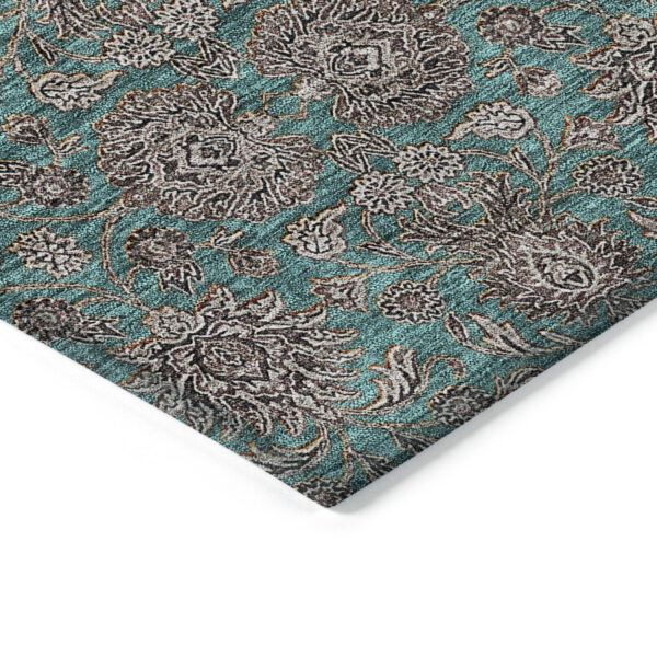 5' X 8' Teal Blue Beige And Taupe Floral Washable Indoor Outdoor Area Rug