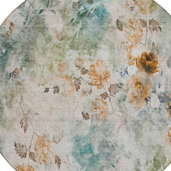 8' Teal Blue Blue And Green Round Floral Washable Indoor Outdoor Area Rug