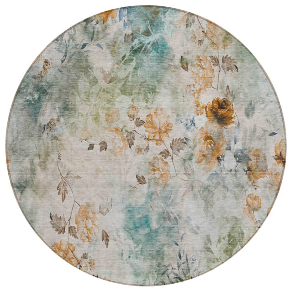 8' Teal Blue Blue And Green Round Floral Washable Indoor Outdoor Area Rug