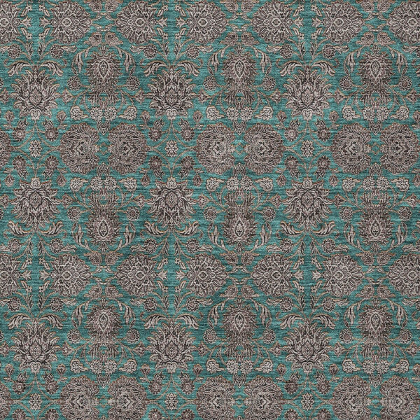 5' X 8' Teal Blue Beige And Taupe Floral Washable Indoor Outdoor Area Rug