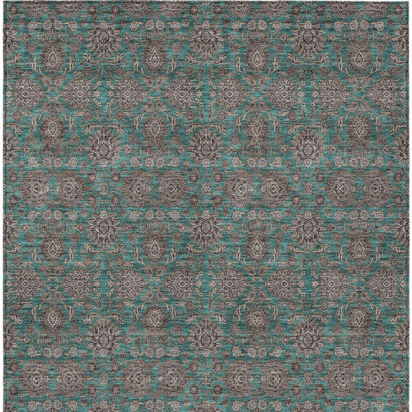 5' X 8' Teal Blue Beige And Taupe Floral Washable Indoor Outdoor Area Rug