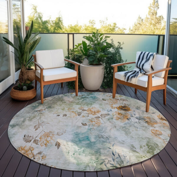 8' Teal Blue Blue And Green Round Floral Washable Indoor Outdoor Area Rug