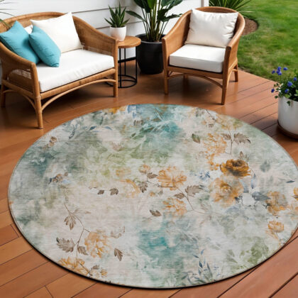 8' Teal Blue Blue And Green Round Floral Washable Indoor Outdoor Area Rug