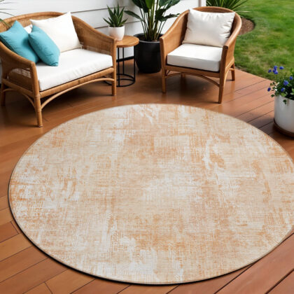 8' Coral Peach And Ivory Round Abstract Washable Indoor Outdoor Area Rug