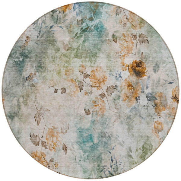 8' Teal Blue Blue And Green Round Floral Washable Indoor Outdoor Area Rug