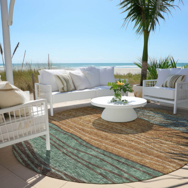 8' Terra Cotta Copper And Beige Round Striped Washable Indoor Outdoor Area Rug