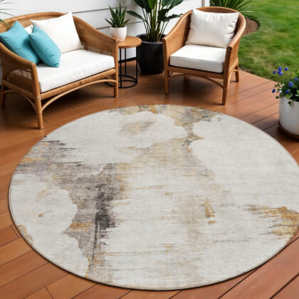 8' Beige Ivory And Taupe Round Abstract Washable Indoor Outdoor Area Rug