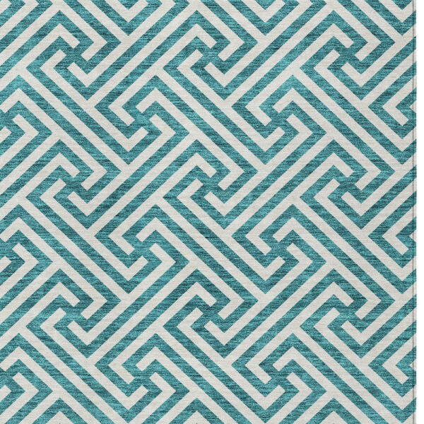 5' X 8' Teal Blue And Ivory Geometric Washable Indoor Outdoor Area Rug