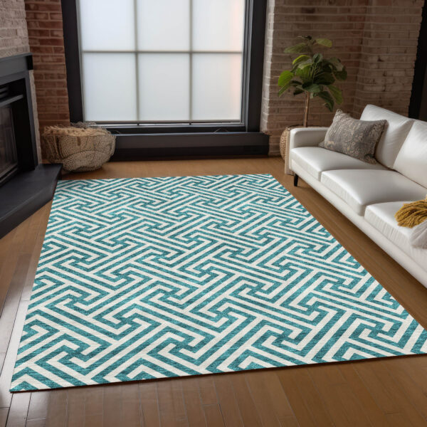 5' X 8' Teal Blue And Ivory Geometric Washable Indoor Outdoor Area Rug