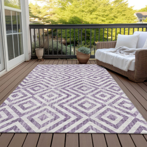 9' X 12' Purple And Ivory Geometric Washable Indoor Outdoor Area Rug