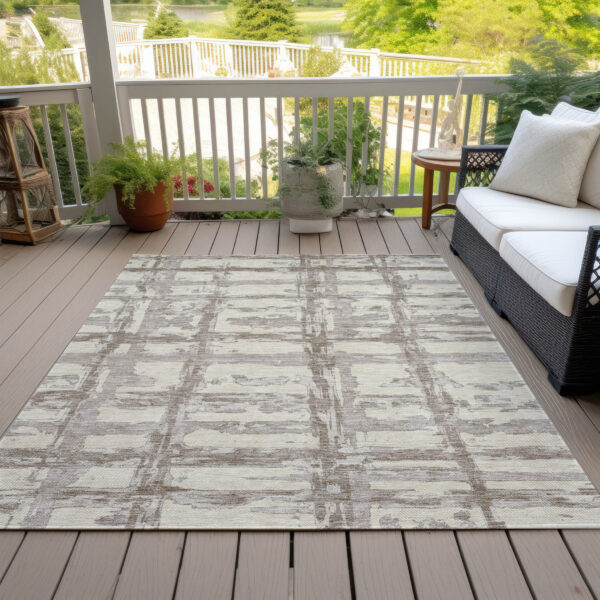 10' X 14' Beige Brown And Taupe Striped Washable Indoor Outdoor Area Rug