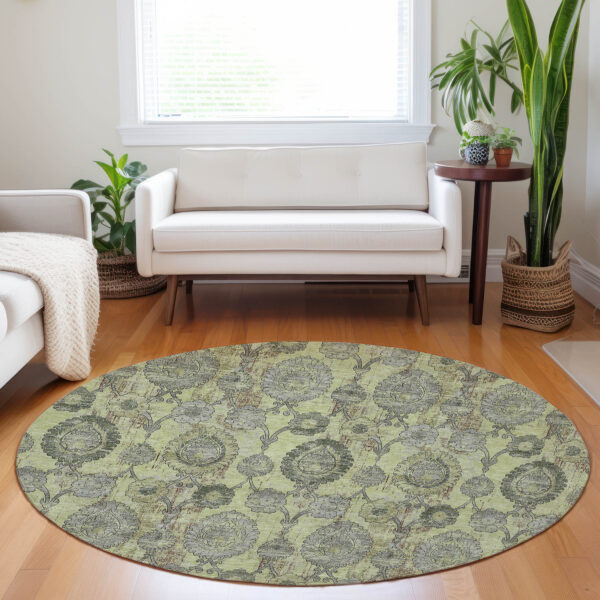 8' Artichoke Green Green And Gray Round Damask Washable Indoor Outdoor Area Rug