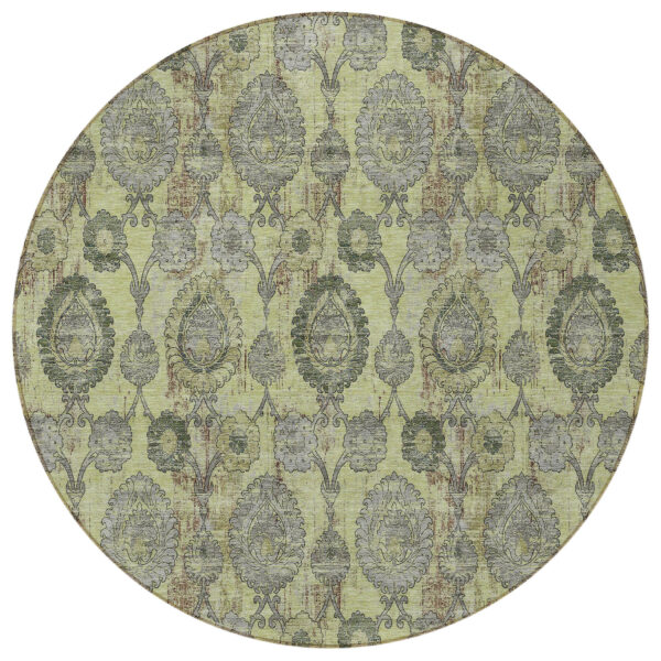 8' Artichoke Green Green And Gray Round Damask Washable Indoor Outdoor Area Rug