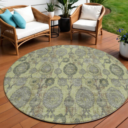 8' Artichoke Green Green And Gray Round Damask Washable Indoor Outdoor Area Rug