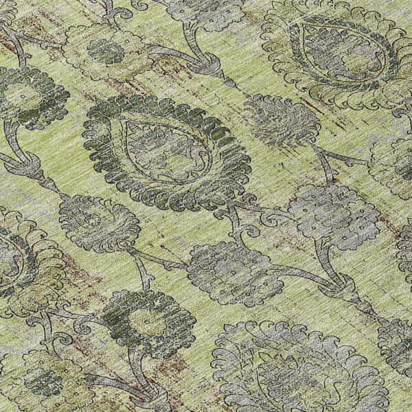 8' Artichoke Green Green And Gray Round Damask Washable Indoor Outdoor Area Rug