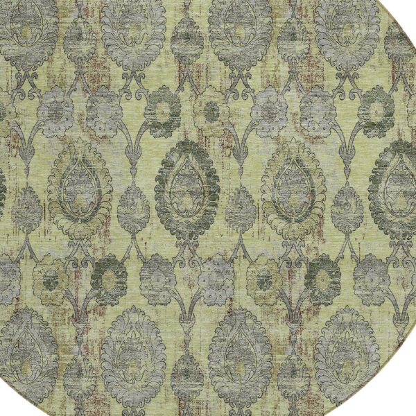 8' Artichoke Green Green And Gray Round Damask Washable Indoor Outdoor Area Rug
