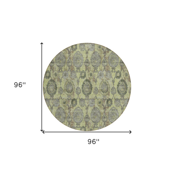 8' Artichoke Green Green And Gray Round Damask Washable Indoor Outdoor Area Rug