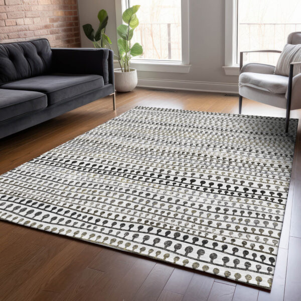 5' X 8' Ivory Taupe And Charcoal Striped Washable Indoor Outdoor Area Rug