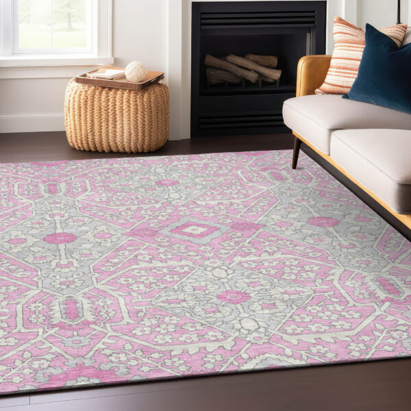 8' X 10' Pink Ivory And Gray Floral Washable Indoor Outdoor Area Rug