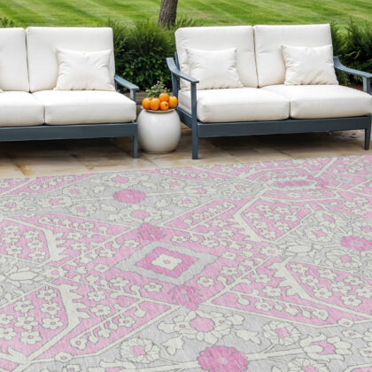 8' X 10' Pink Ivory And Gray Floral Washable Indoor Outdoor Area Rug