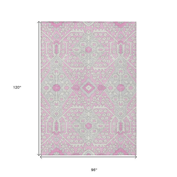 8' X 10' Pink Ivory And Gray Floral Washable Indoor Outdoor Area Rug