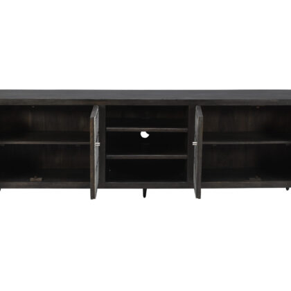 92" Dark Brown Carved Geometric Distressed Solid Wood Enclosed and Open Storage TV Stand