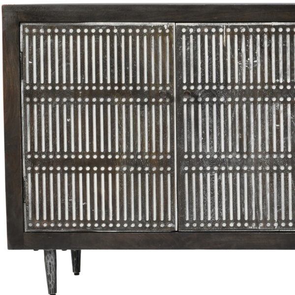 92" Dark Brown Carved Geometric Distressed Solid Wood Enclosed and Open Storage TV Stand